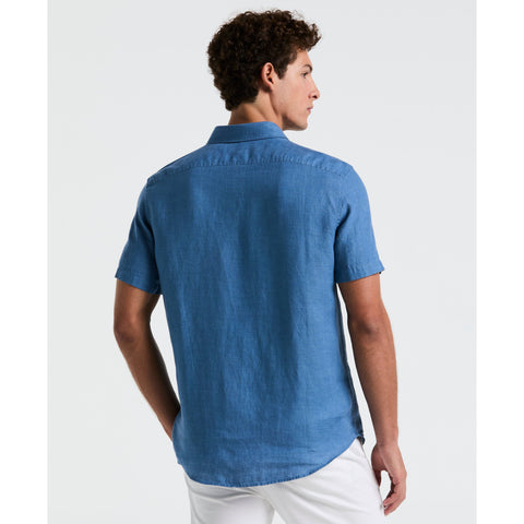 Delave Linen Short Sleeve Button-Down Shirt with Chest Pocket (Copen Blue) 
