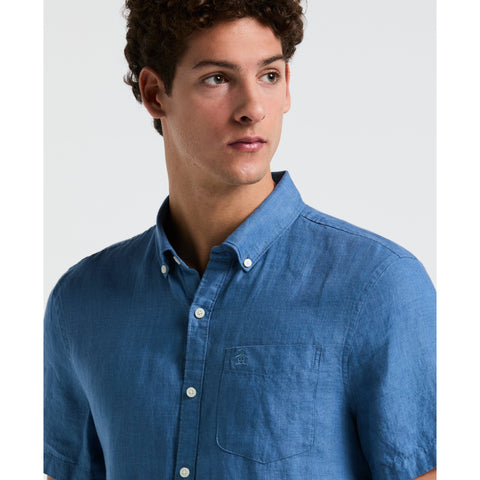 Delave Linen Short Sleeve Button-Down Shirt with Chest Pocket (Copen Blue) 