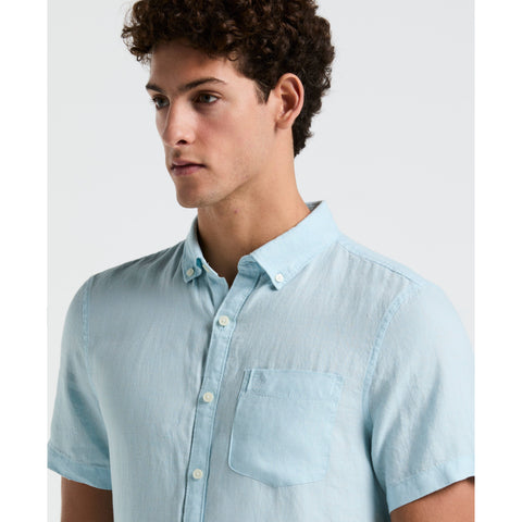 Delave Linen Short Sleeve Button-Down Shirt with Chest Pocket (Crystal Blue) 