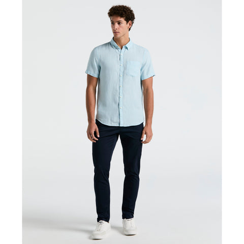 Delave Linen Short Sleeve Button-Down Shirt with Chest Pocket (Crystal Blue) 