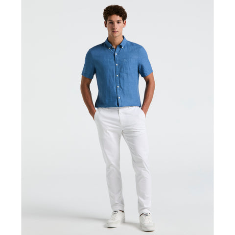 Delave Linen Short Sleeve Button-Down Shirt with Chest Pocket (Copen Blue) 