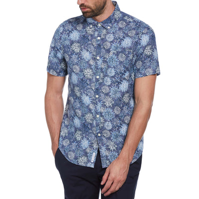 Linen Floral Print Short Sleeve Button-Down Shirt (Blue Indigo) 