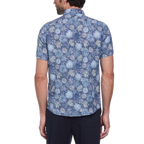 Linen Floral Print Short Sleeve Button-Down Shirt (Blue Indigo) 