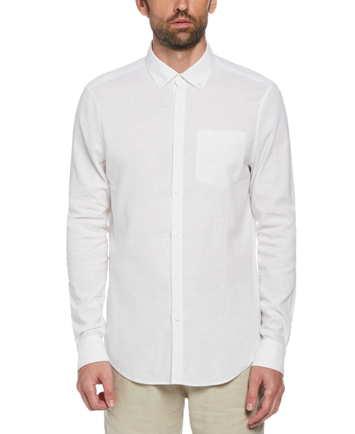 Linen Long Sleeve Button-Down Shirt (Bright White) 