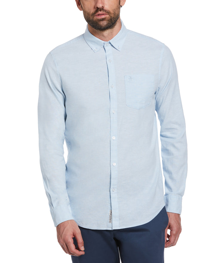 Linen Long Sleeve Button-Down Shirt (Cerulean) 