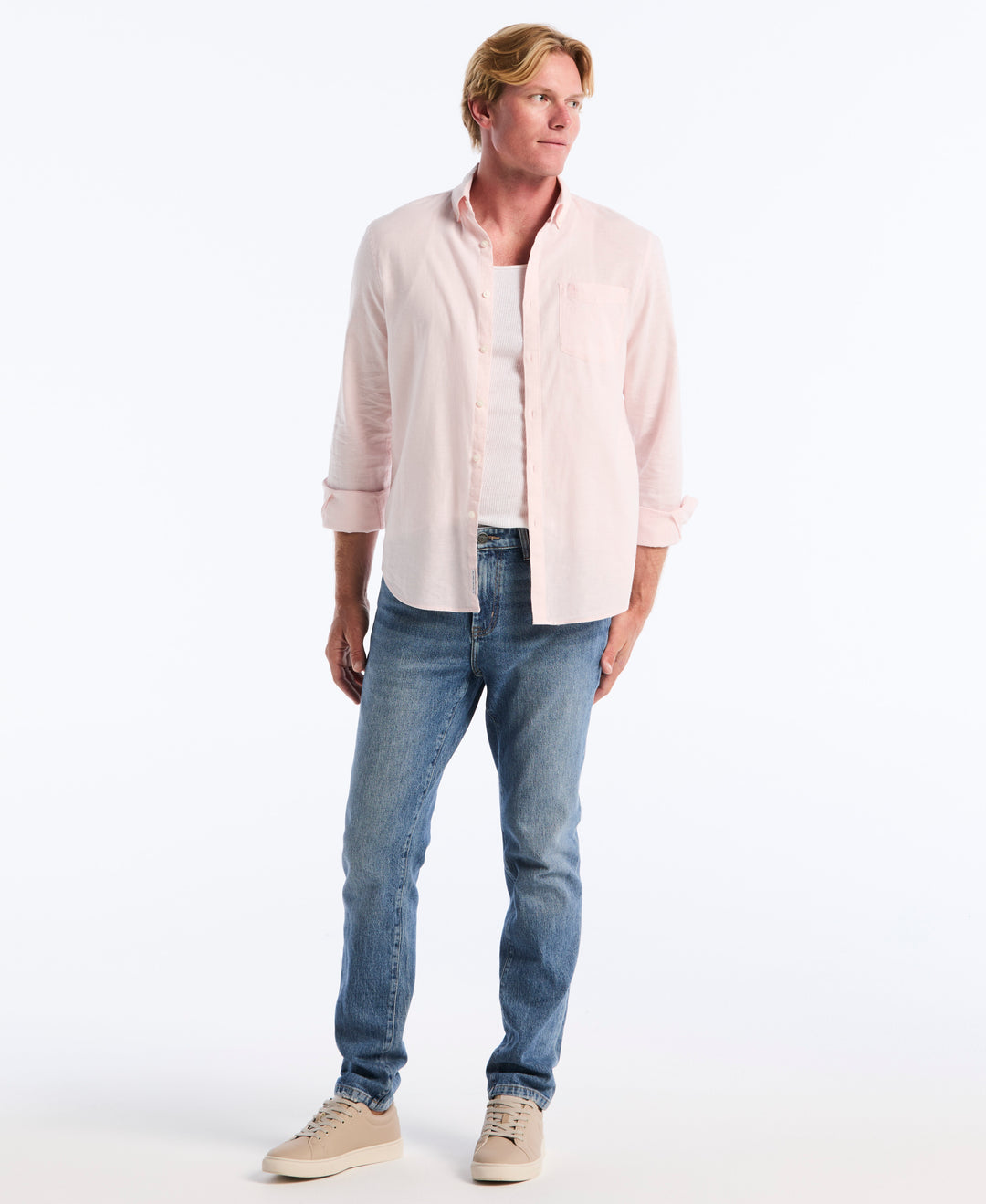 Linen Long Sleeve Button-Down Shirt (Parfait Pink) 