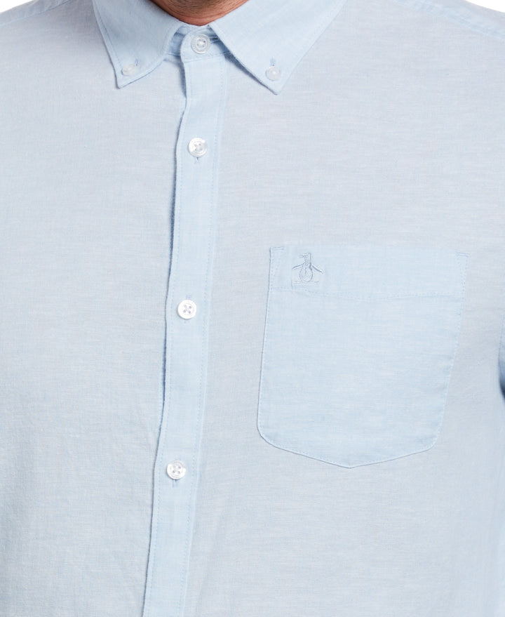 Linen Long Sleeve Button-Down Shirt (Cerulean) 