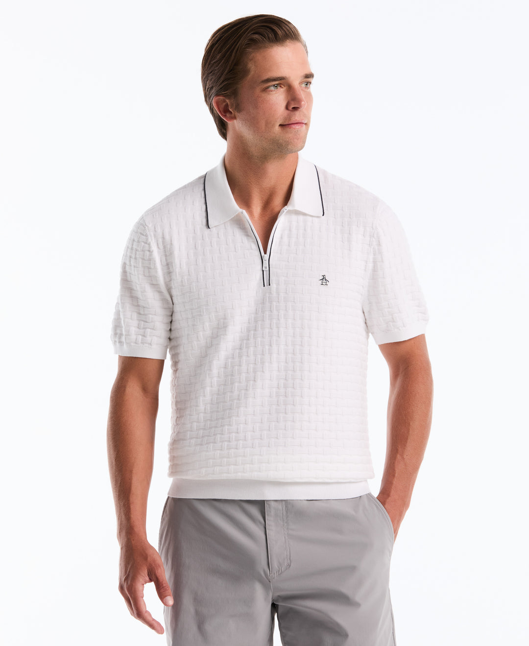 Cotton Links Stitch 1/4 Zip Polo Sweater (Bright White) 