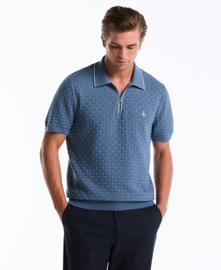 Cotton Links Stitch 1/4 Zip Polo Sweater (Copen Blue) 