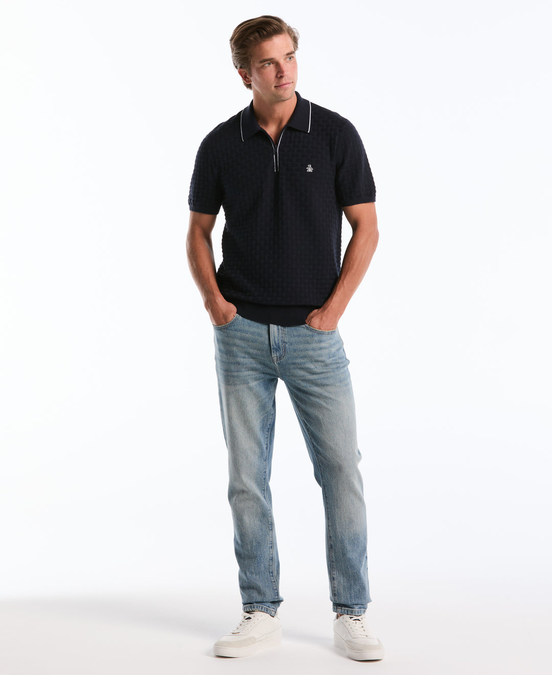 Cotton Links Stitch 1/4 Zip Polo Sweater (Dark Sapphire) 