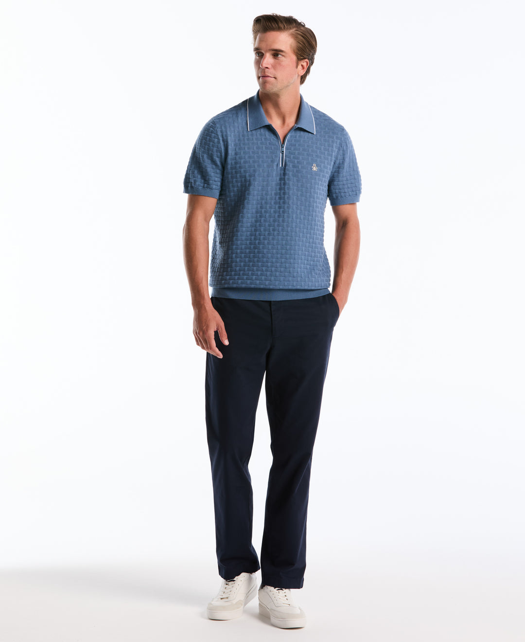 Cotton Links Stitch 1/4 Zip Polo Sweater (Copen Blue) 