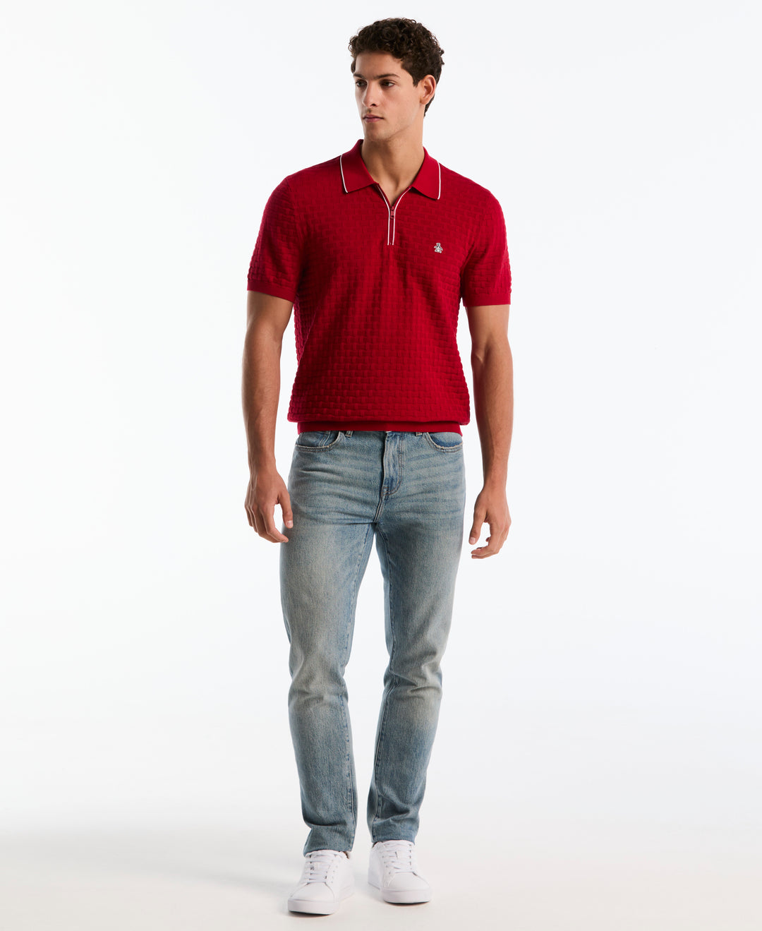 Cotton Links Stitch 1/4 Zip Polo Sweater (Red) 