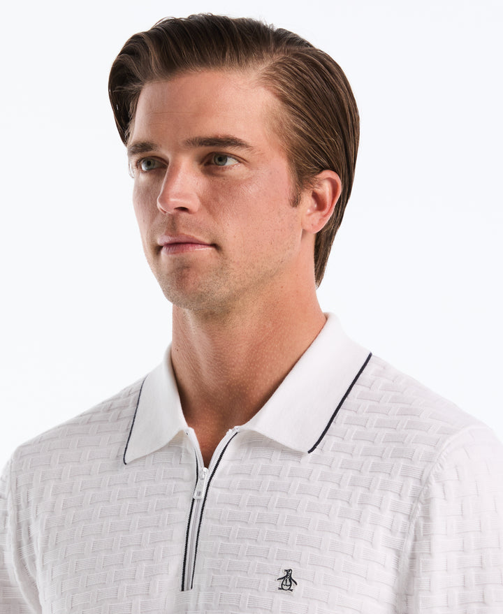 Cotton Links Stitch 1/4 Zip Polo Sweater (Bright White) 