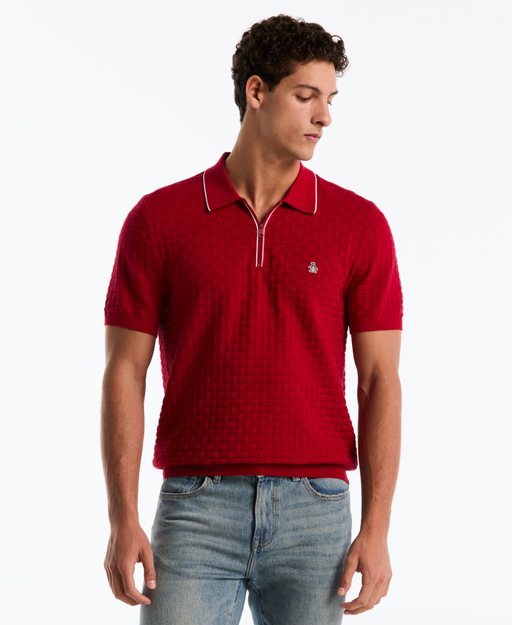 Cotton Links Stitch 1/4 Zip Polo Sweater (Red) 