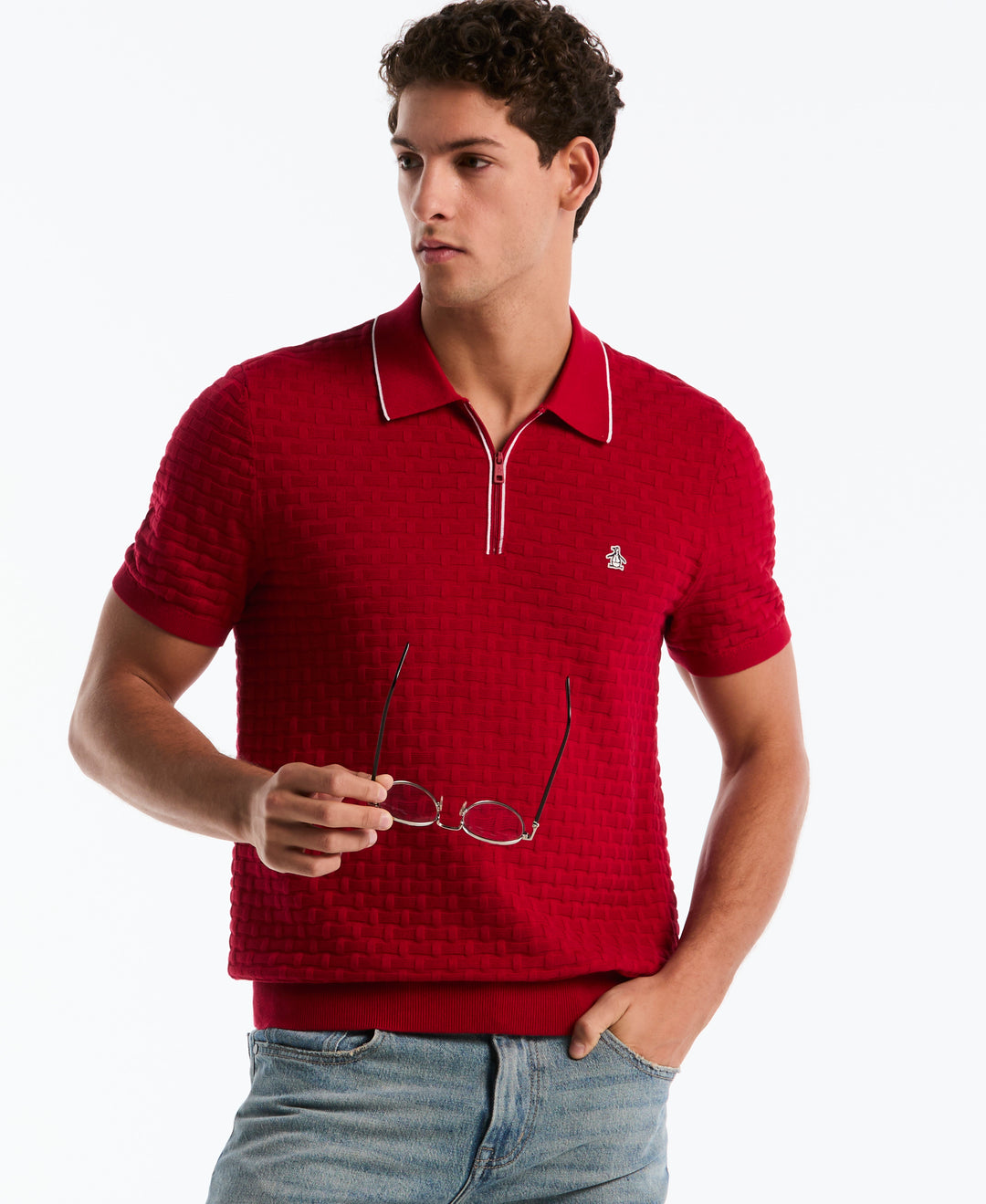 Cotton Links Stitch 1/4 Zip Polo Sweater (Red) 