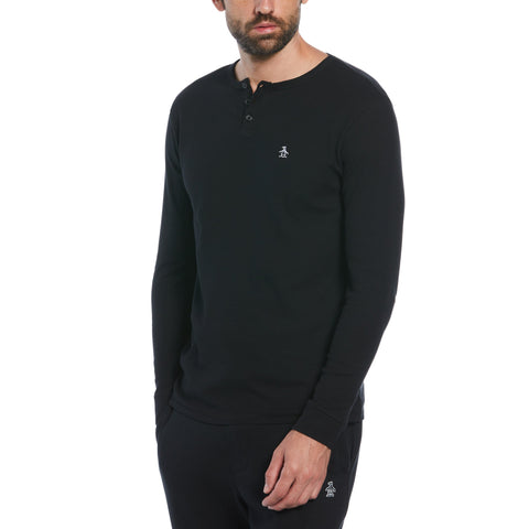 Long Sleeve Waffle Henley (Black) 
