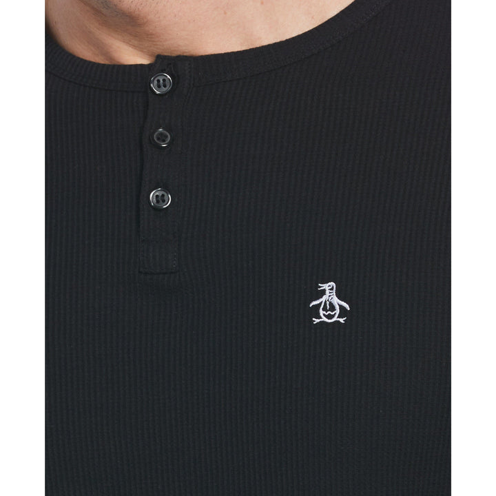 Men's Long Sleeve Waffle Henley in Black | Sunspel