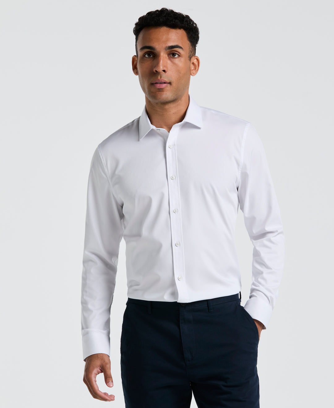 Melange Solid With Floral Trim Dress Shirt  (White) 