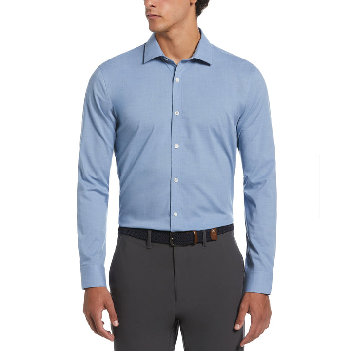 Melange Solid with Floral Trim Dress Shirt (Light Blue) 