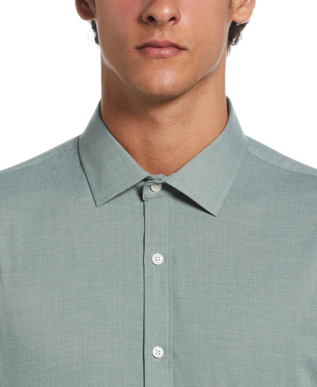 Melange Solid with Floral Trim Dress Shirt  (Sage) 