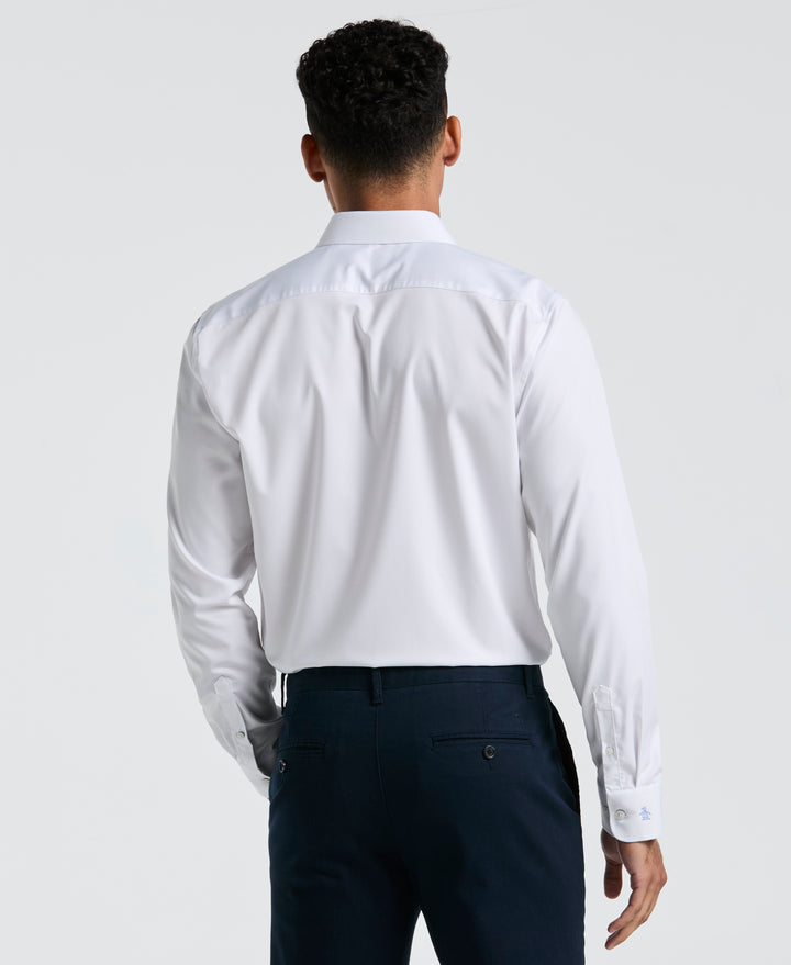 Melange Solid With Floral Trim Dress Shirt  (White) 