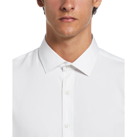 Melange Solid With Floral Trim Dress Shirt  (White) 