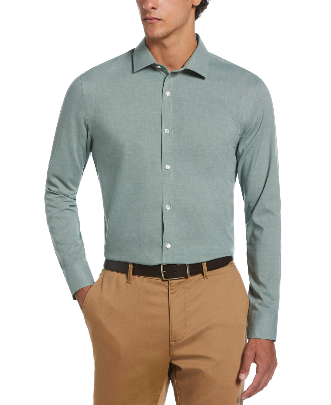 Melange Solid with Floral Trim Dress Shirt  (Sage) 