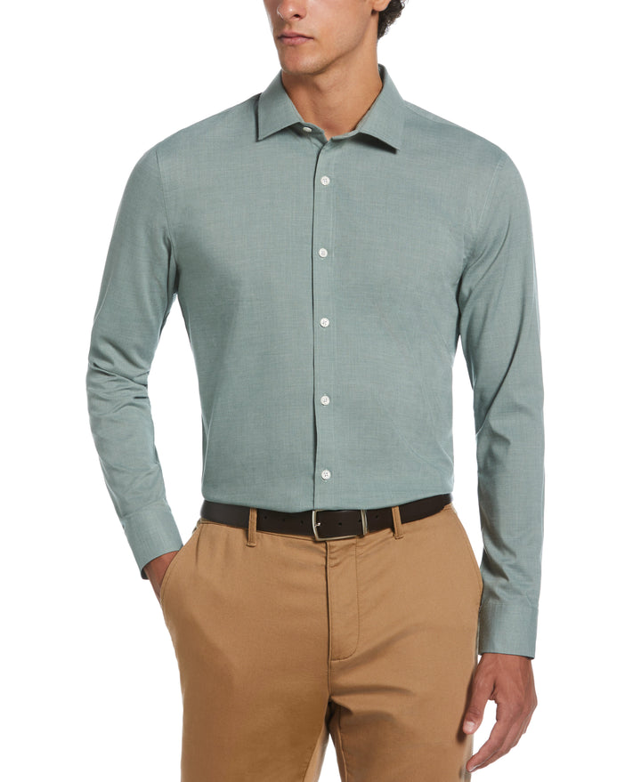 Melange Solid with Floral Trim Dress Shirt  (Sage) 