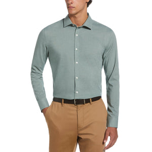 Melange Solid with Floral Trim Dress Shirt  (Sage) 
