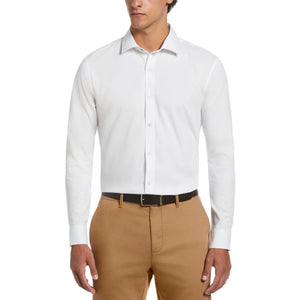 Melange Solid With Floral Trim Dress Shirt  (White) 