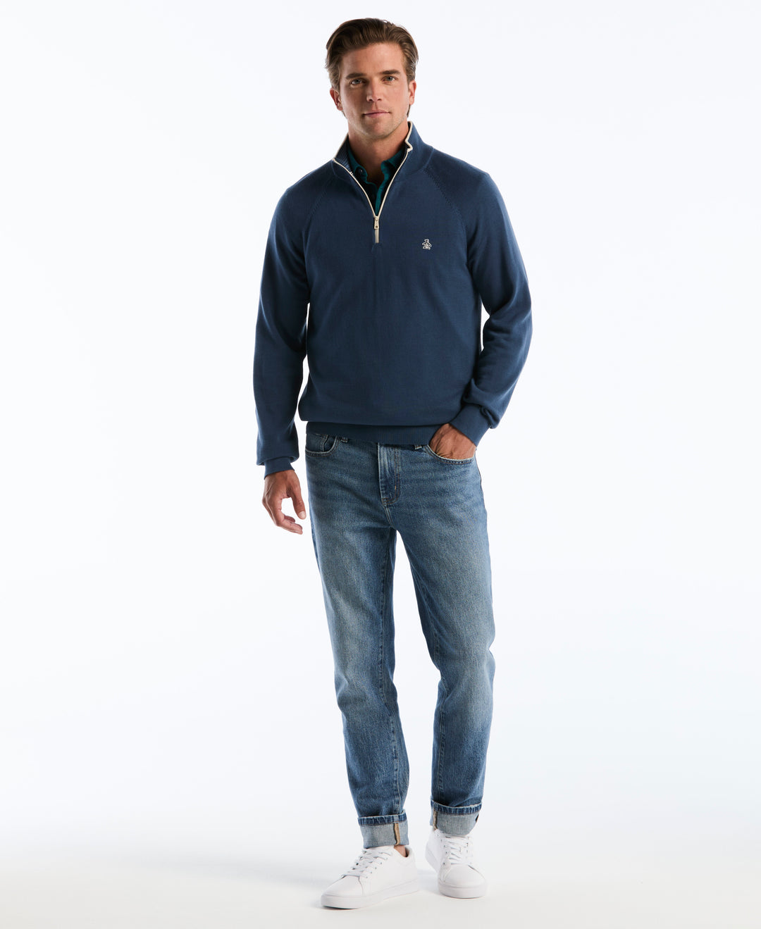Men's Cotton Textured 1/4 Zip Sweater (Sargasso Sea) 