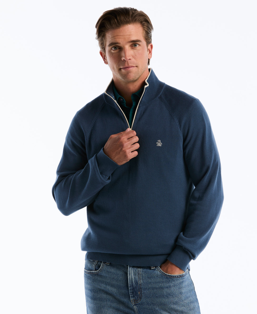 Men's Cotton Textured 1/4 Zip Sweater (Sargasso Sea) 