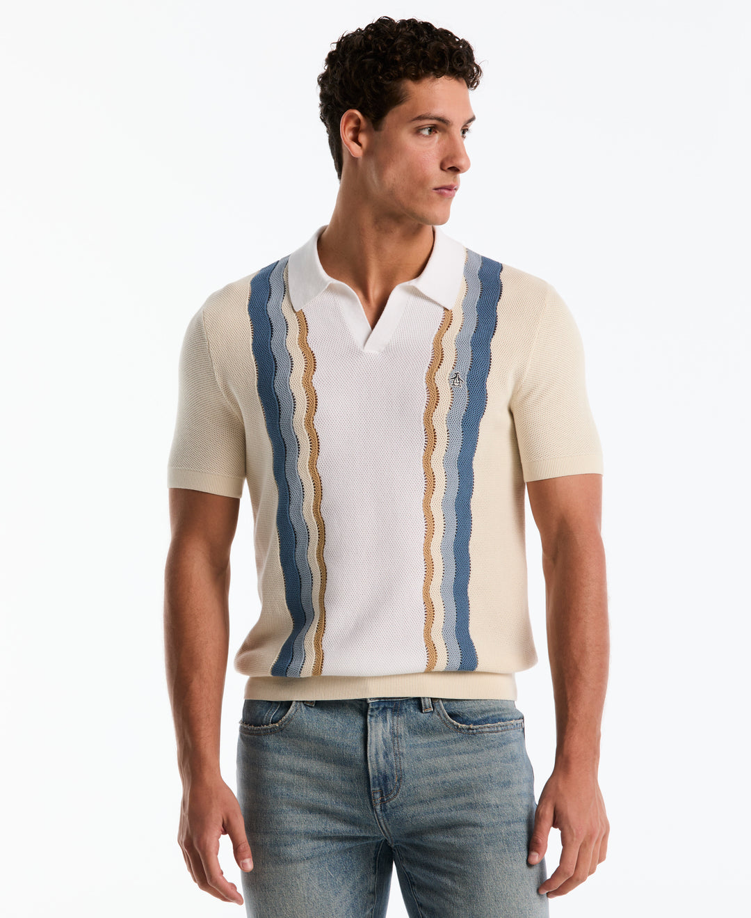 Cotton Mesh Stripe Johnny Collar Sweater (Birch) 