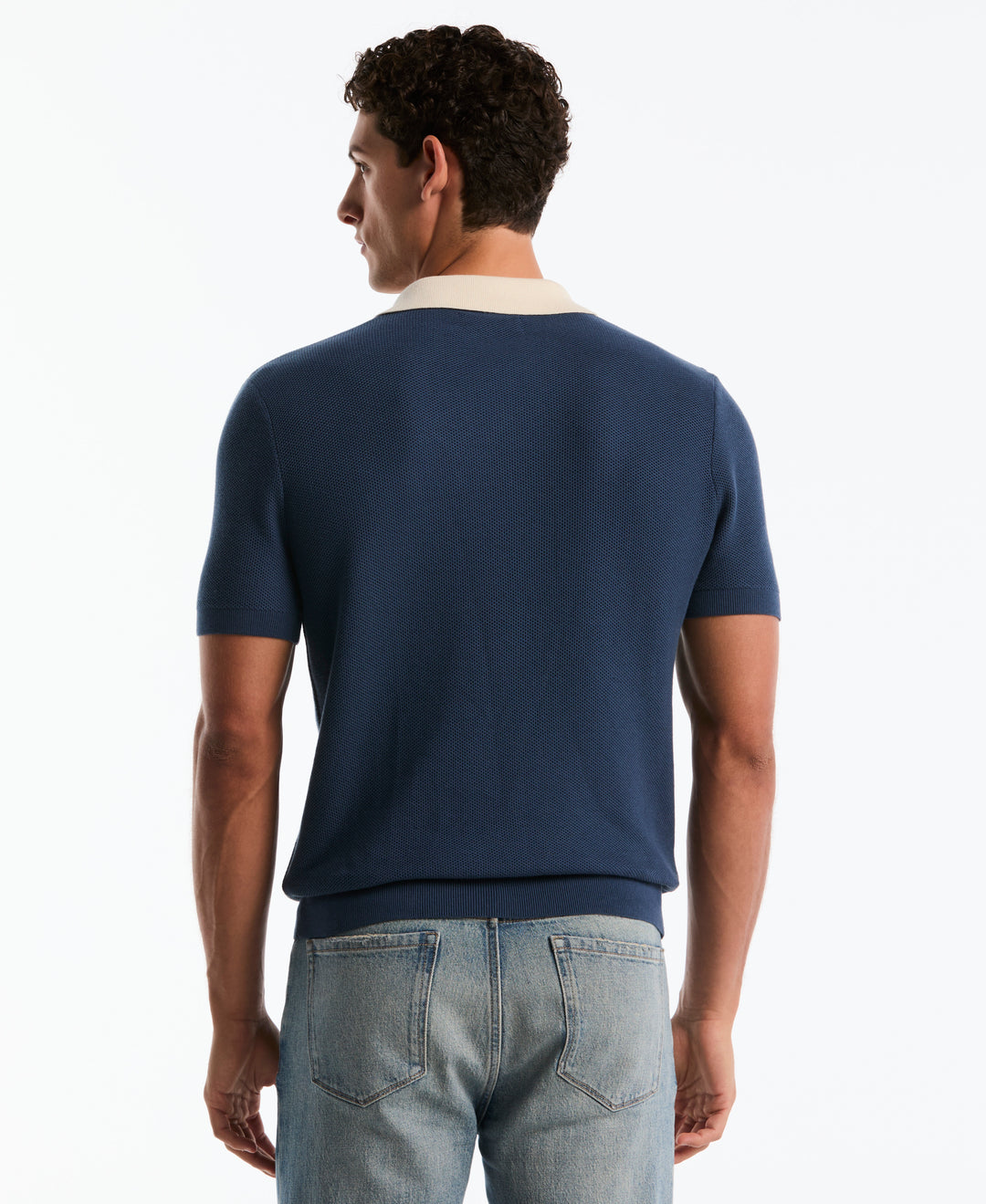 Cotton Mesh Stripe Johnny Collar Sweater (Sargasso Sea) 