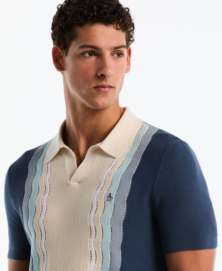 Cotton Mesh Stripe Johnny Collar Sweater (Sargasso Sea) 