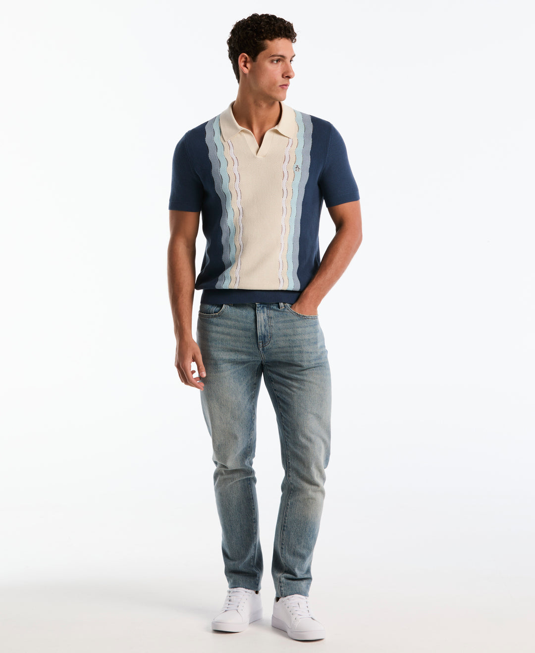 Cotton Mesh Stripe Johnny Collar Sweater (Sargasso Sea) 