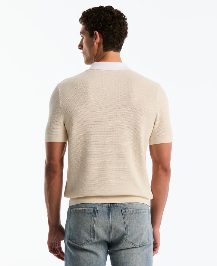 Cotton Mesh Stripe Johnny Collar Sweater (Birch) 