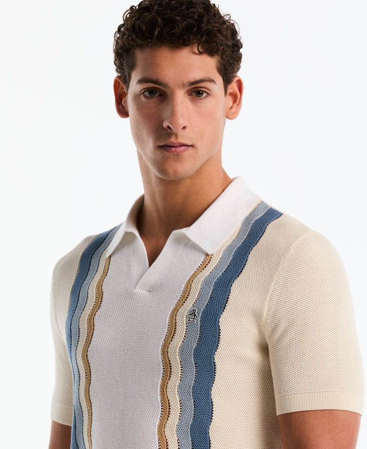 Cotton Mesh Stripe Johnny Collar Sweater (Birch) 