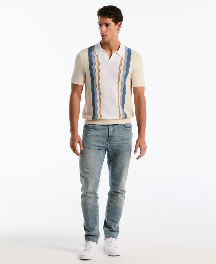 Cotton Mesh Stripe Johnny Collar Sweater (Birch) 