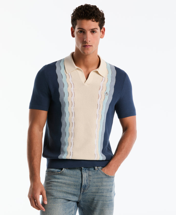 Cotton Mesh Stripe Johnny Collar Sweater (Sargasso Sea) 