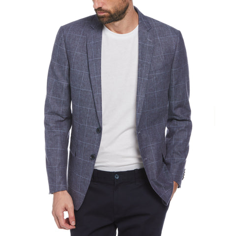 Navy Windowpane Plaid Linen Blend Blazer (Navy) 