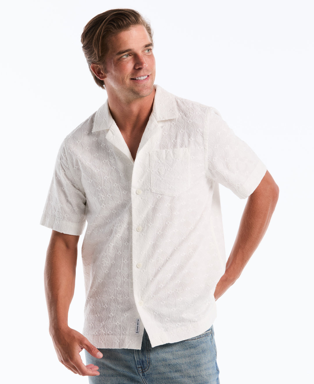 Cotton Novelty Embroidered Camp Shirt (Bright White) 