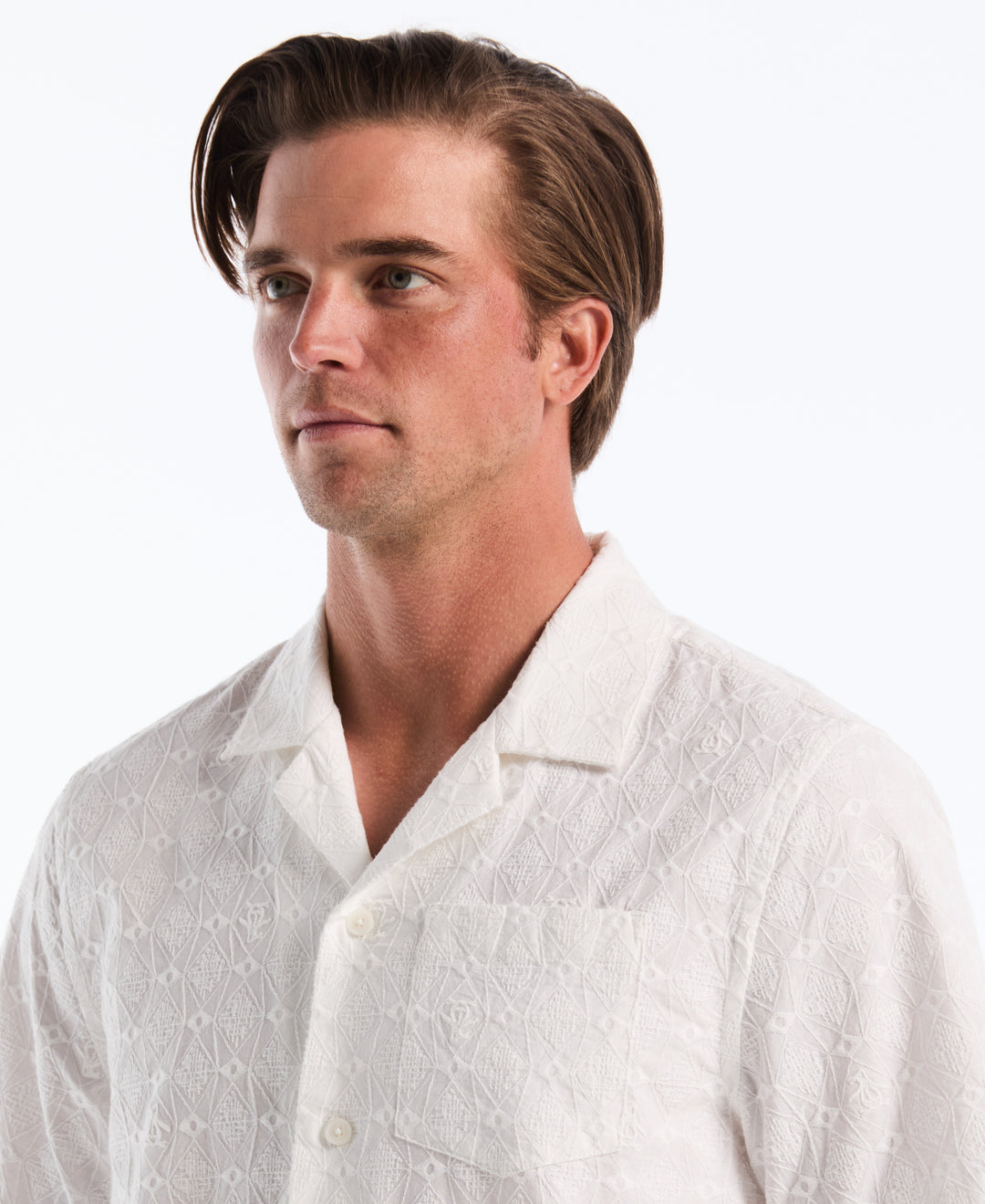 Cotton Novelty Embroidered Camp Shirt (Bright White) 