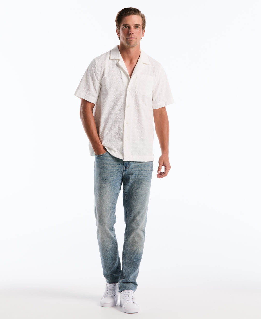 Cotton Novelty Embroidered Camp Shirt (Bright White) 