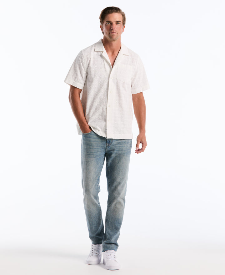 Cotton Novelty Embroidered Camp Shirt (Bright White) 