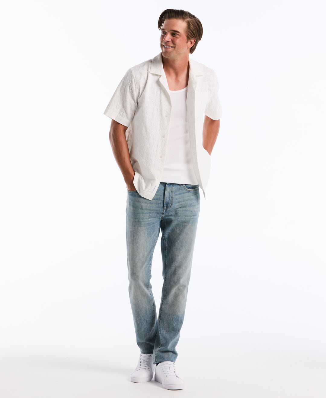 Cotton Novelty Embroidered Camp Shirt (Bright White) 