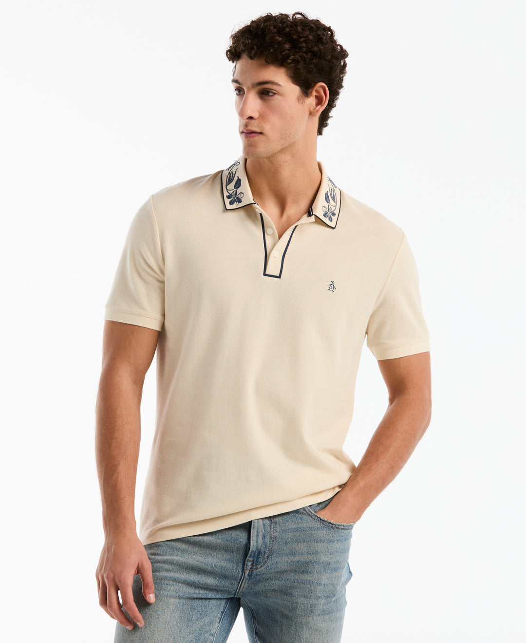 Organic Cotton Pique Polo with Floral Print Collar (Birch) 