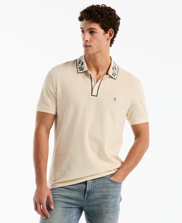 Organic Cotton Pique Polo with Floral Print Collar (Birch) 
