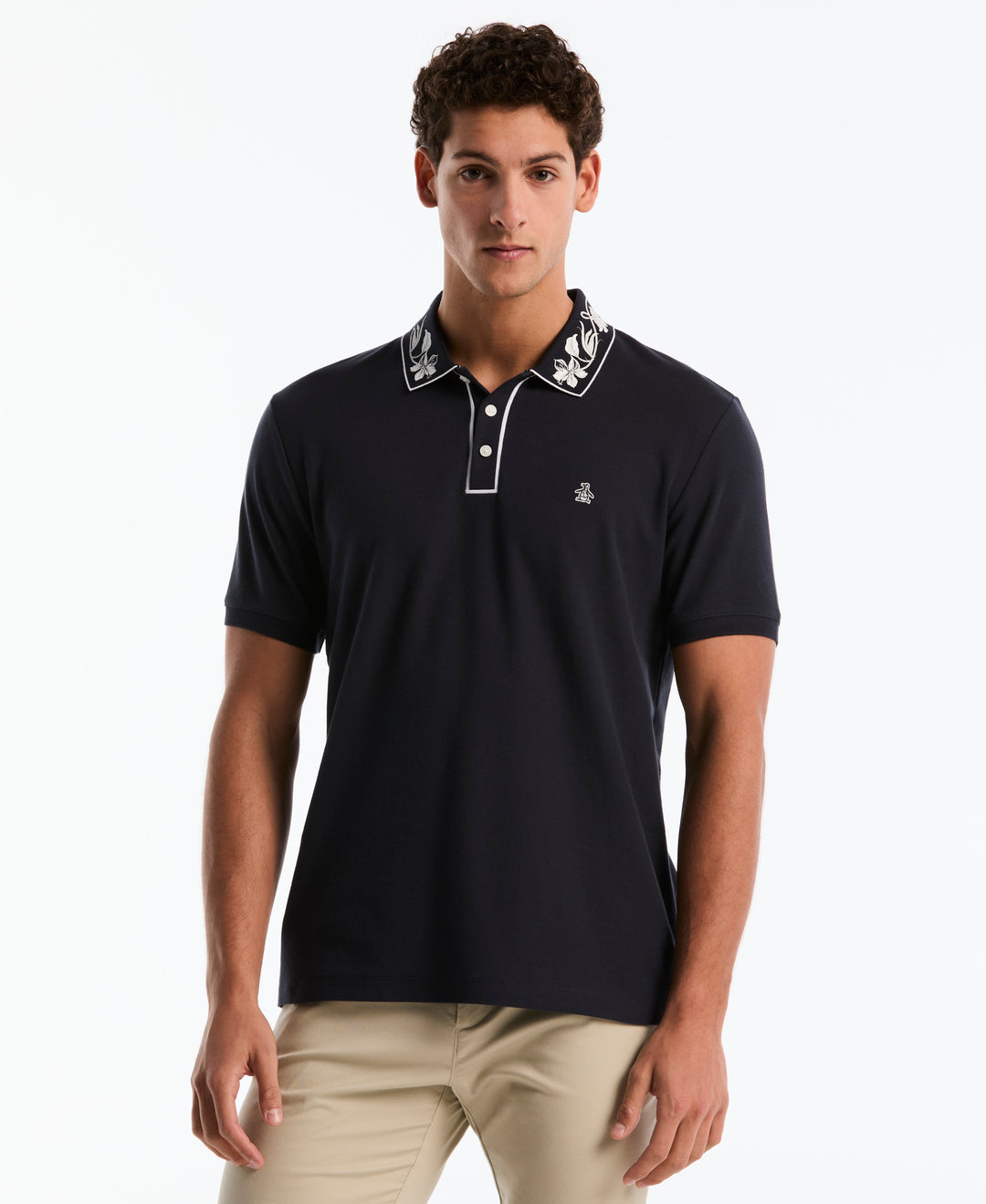 Organic Cotton Pique Polo with Floral Print Collar (Dark Sapphire) 