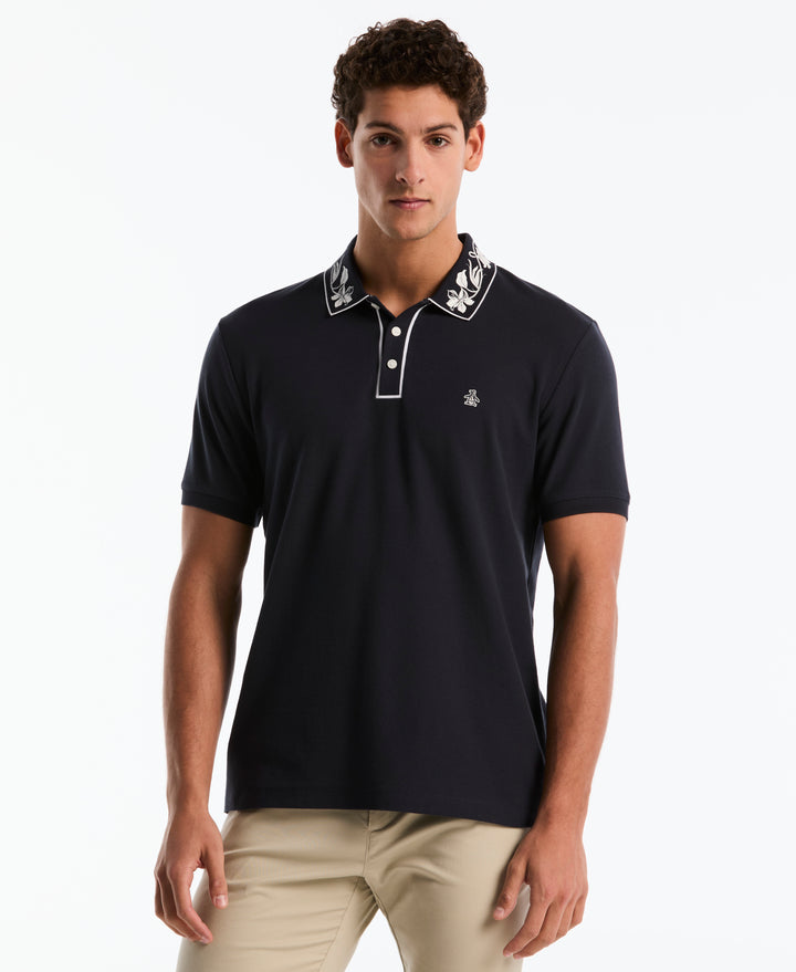 Organic Cotton Pique Polo with Floral Print Collar (Dark Sapphire) 